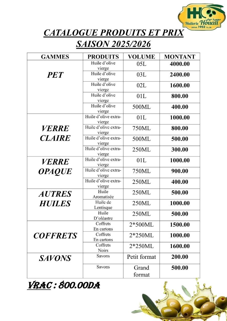 Catalogue des prix Huilerie Houali